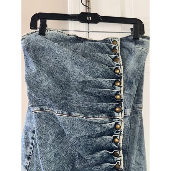 Retroféte Denim Mini Dress Strapless Button Front Slit Acid Wash XL - Picture 9 of 12